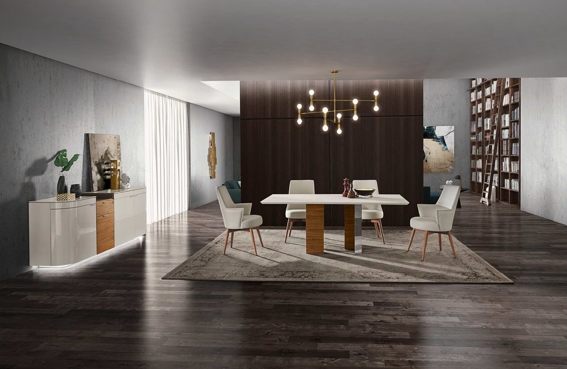 Comedor moderno lacado combinado madera. Tienda muebles Lucama Valladolid